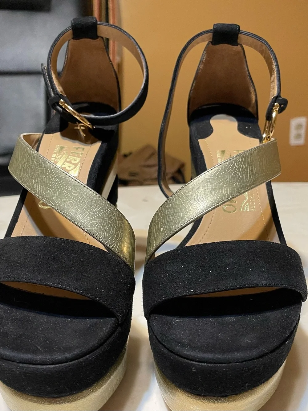 Salvatore Ferragamo Black and Gold Platform Sandals
